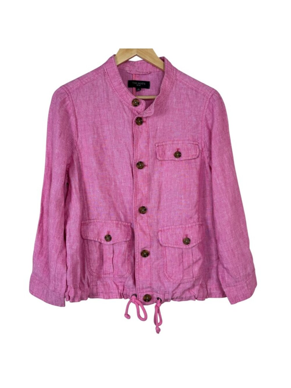 Talbots Pink 100% Linen Jacket Size L Petite Button Down Drawstring Summer Beach